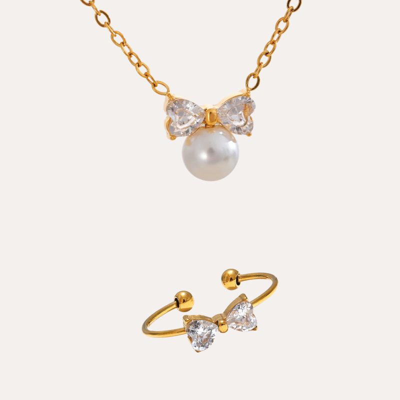 Crystal Pearl Bowknot Duo Ring